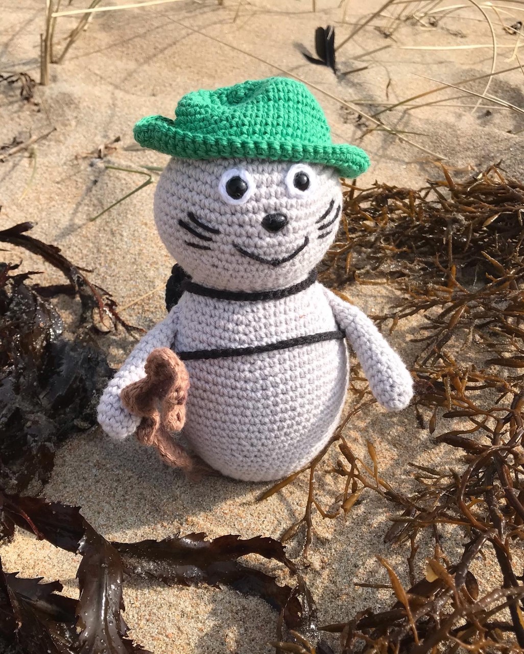 Virkade Noriko på stranden bland tång